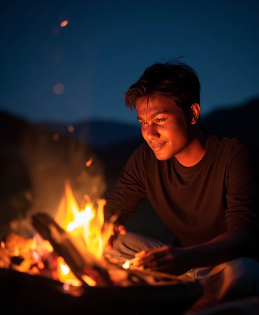 Maslin Edwin by a campfire at dusk