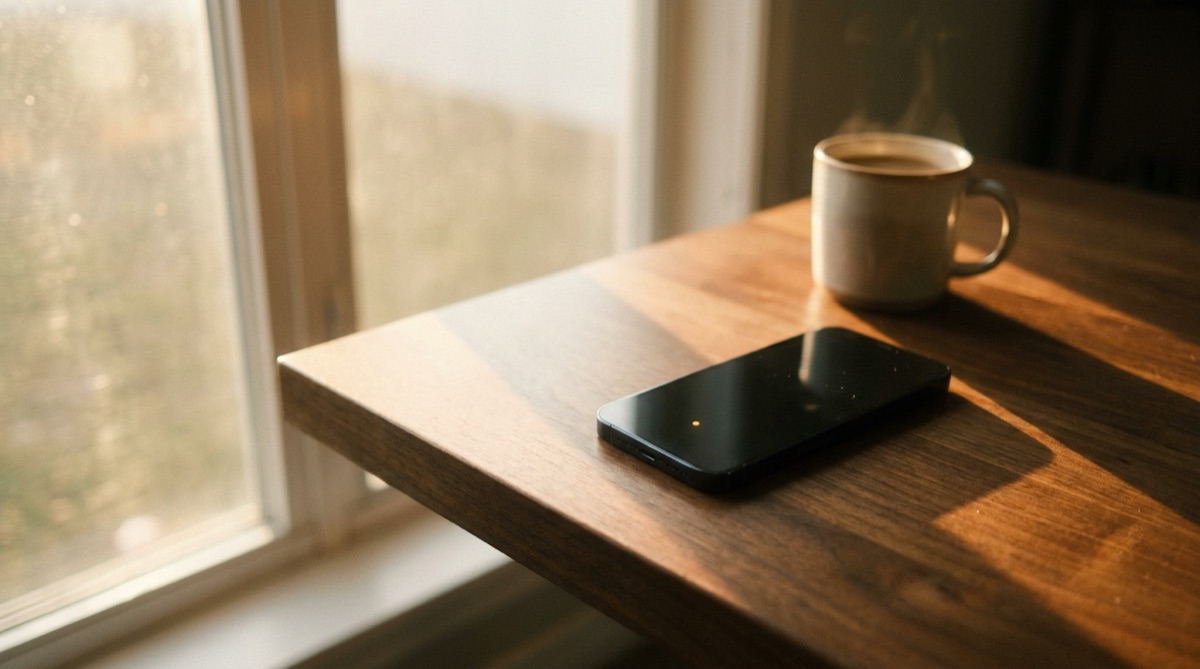 A single phone on a tidy desk by a window in warm morning light, beside a coffee mug.