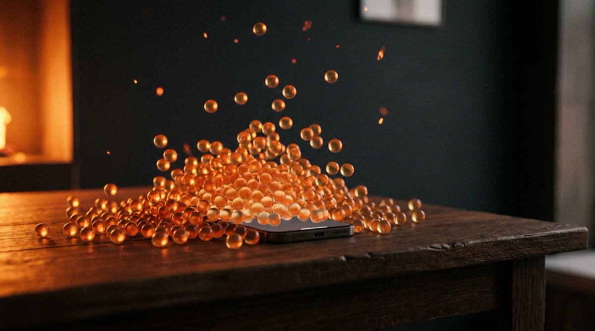 A phone on a desk buried under a glowing pile of notification bubbles.
